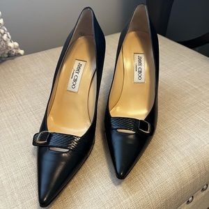 EUC Jimmy Choo Black Leather Pumps with Gold Snakeskin Buckle